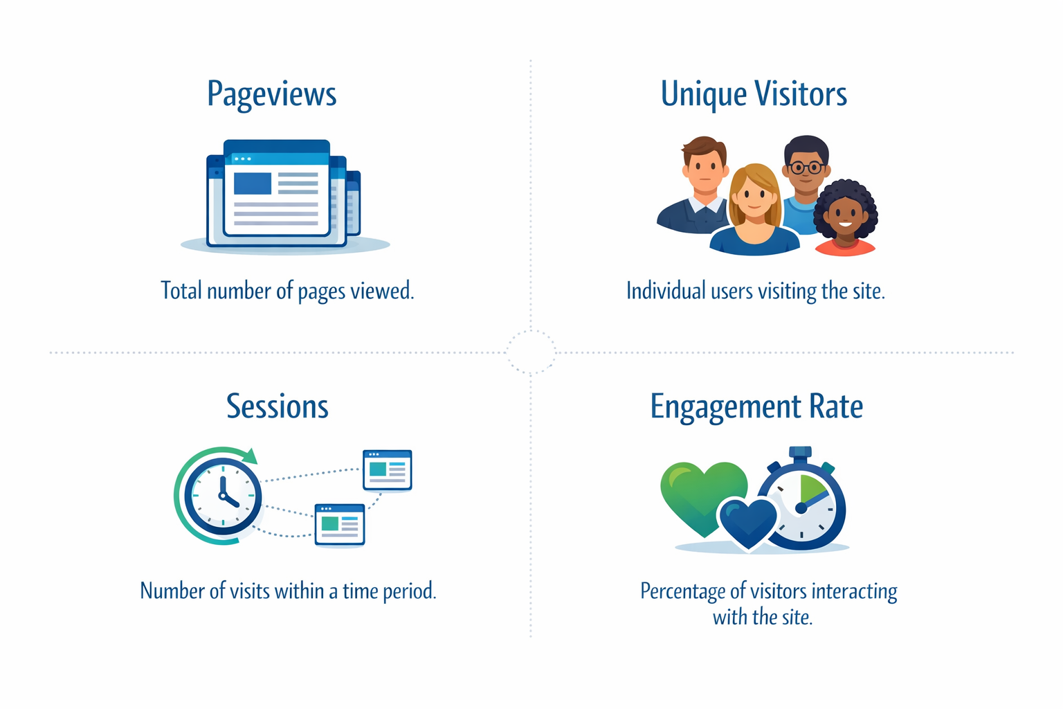 () detailed infographic illustration comparing four key website metrics in quadrant layout: top left shows pageviews icon