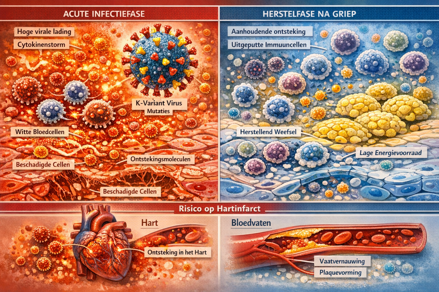 Afbeeldingen met Nederlandse tekst Detailed landscape format (1536x1024) scientific visualization of the immune system's inflammatory respon