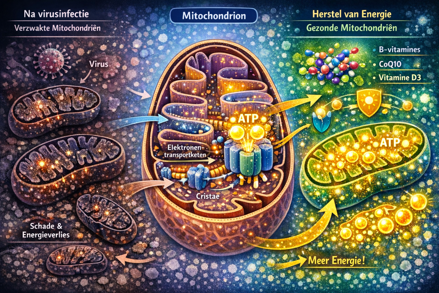 Afbeeldingen met Nederlandse tekst Detailed landscape format (1536x1024) cellular-level visualization of mitochondria as energy factories wi