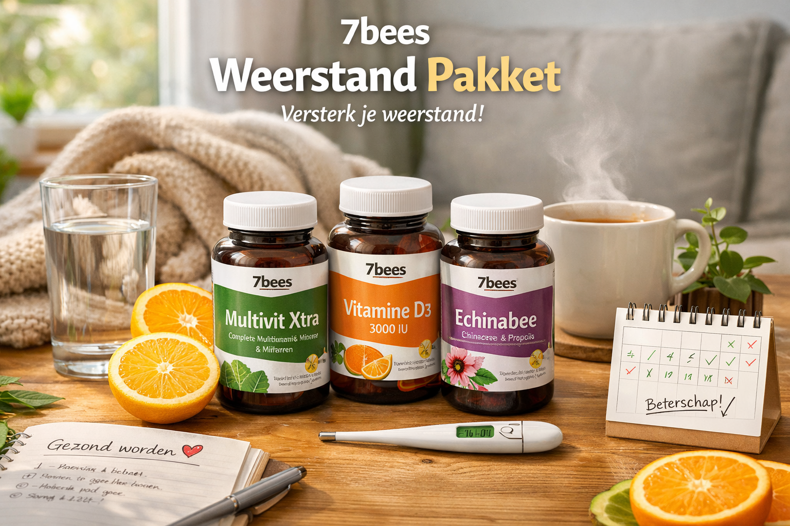 Afbeeldingen met Nederlandse tekst Detailed landscape format (1536x1024) product-focused lifestyle composition showing the 7bees Weerstand P