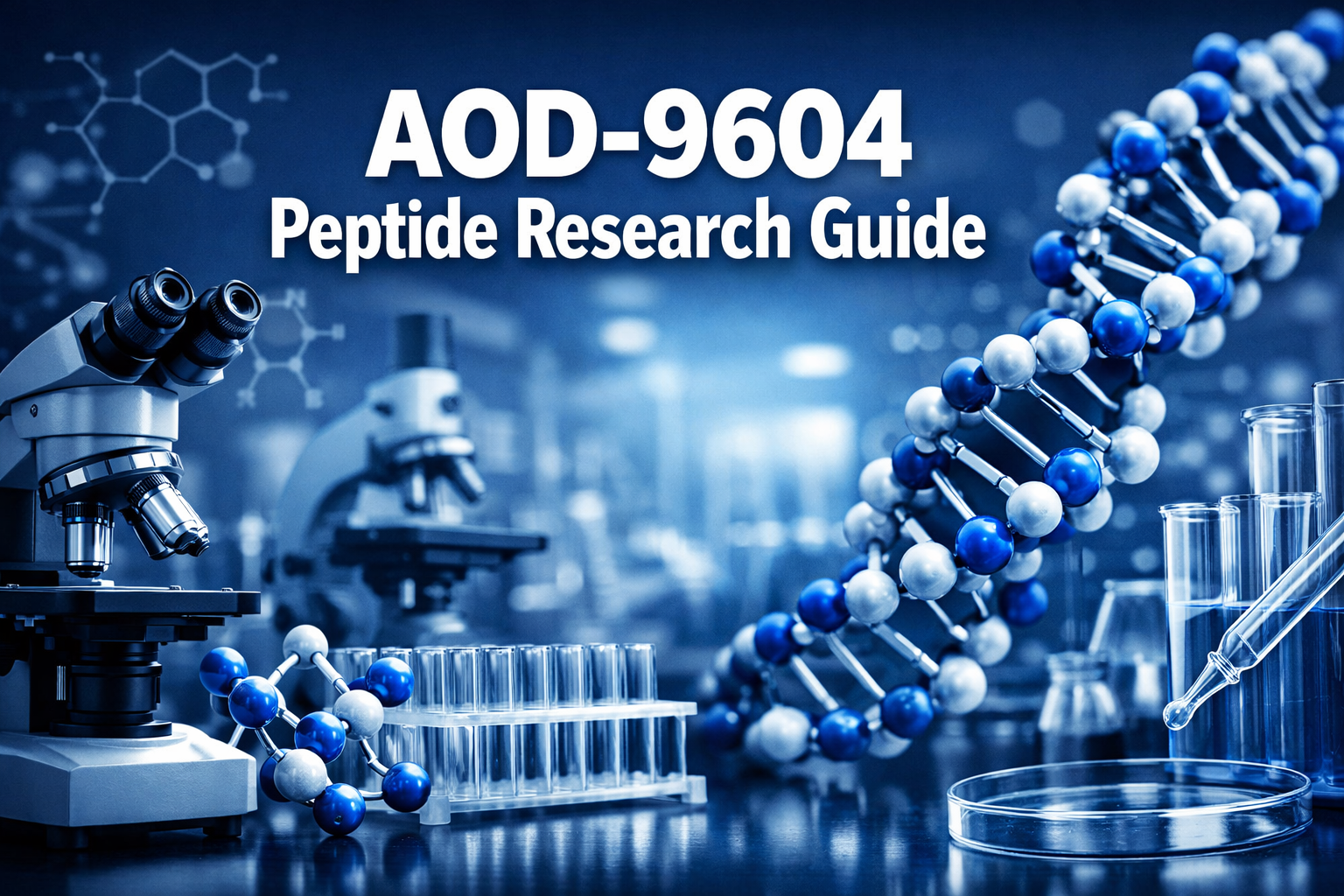 Professional landscape hero image (1536x1024) featuring bold text overlay 'AOD-9604 Peptide Research Guide' in extra large 72pt white sans-s