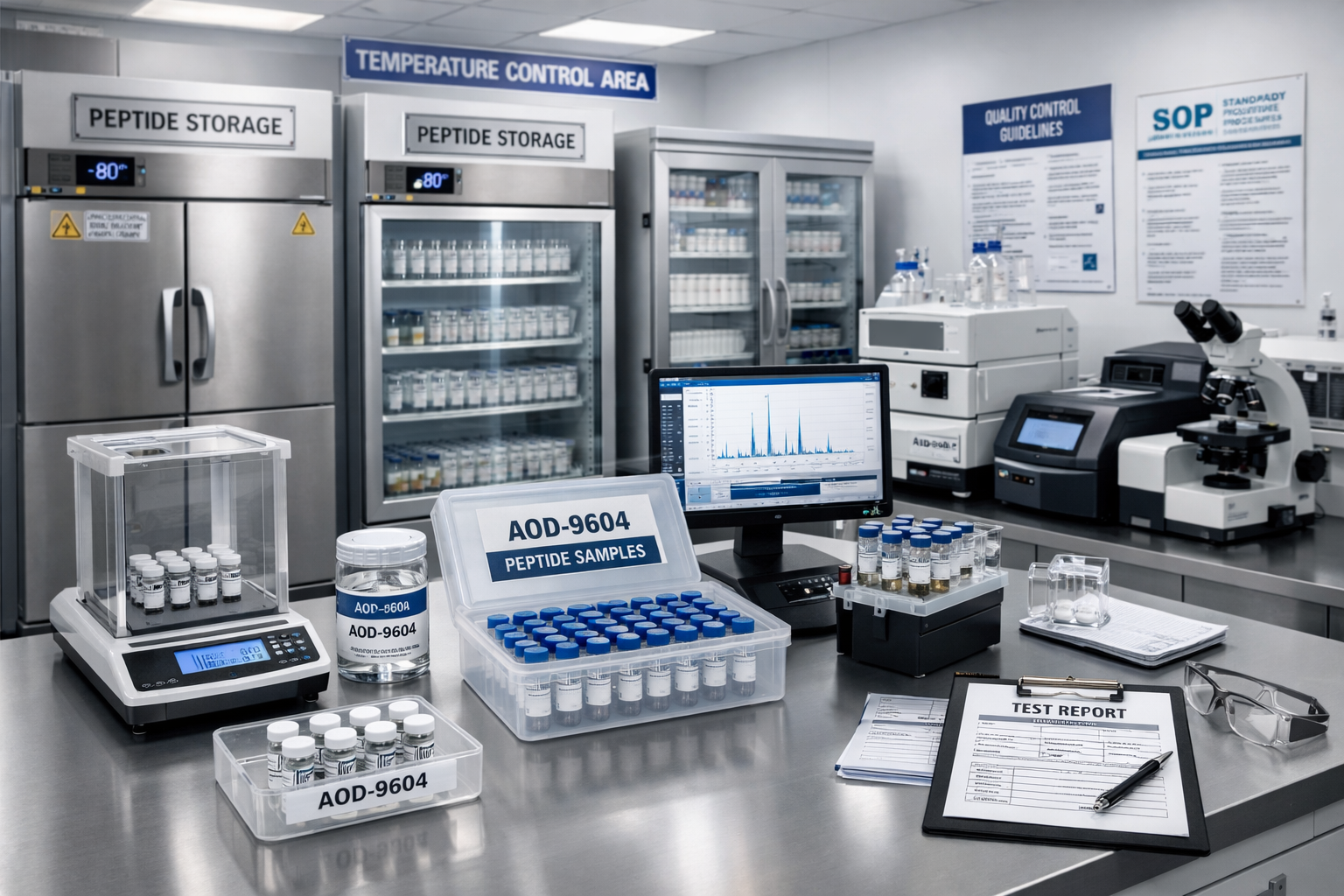 Professional research facility interior (1536x1024) displaying peptide storage units, temperature-controlled environments, and quality testi