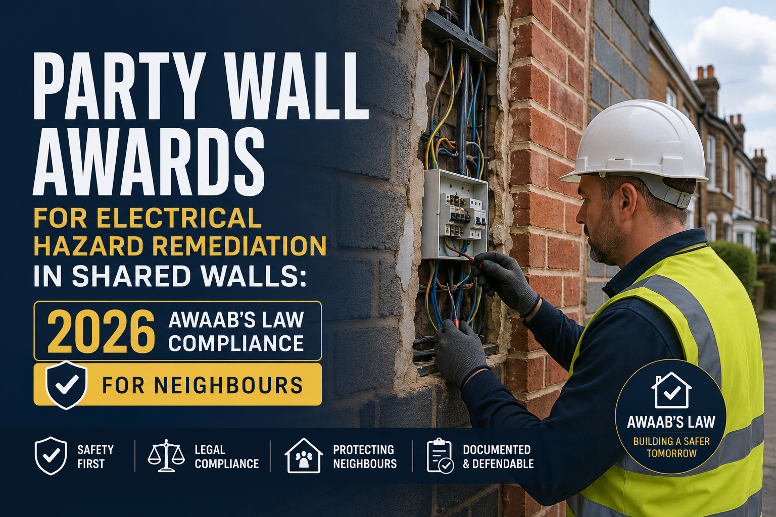 Professional landscape hero image () with : "Party Wall Awards for Electrical Hazard Remediation in Shared Walls: 2026