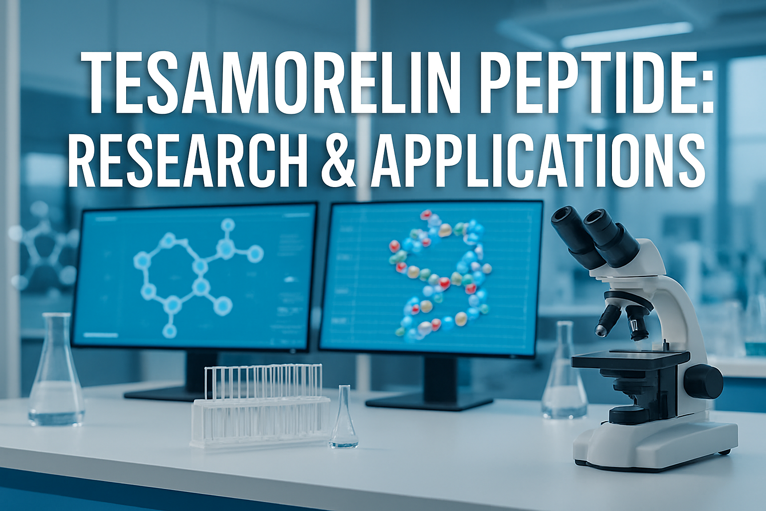 Professional landscape hero image (1536x1024) featuring bold text overlay 'Tesamorelin Peptide: Research & Applications' in extra large 70pt
