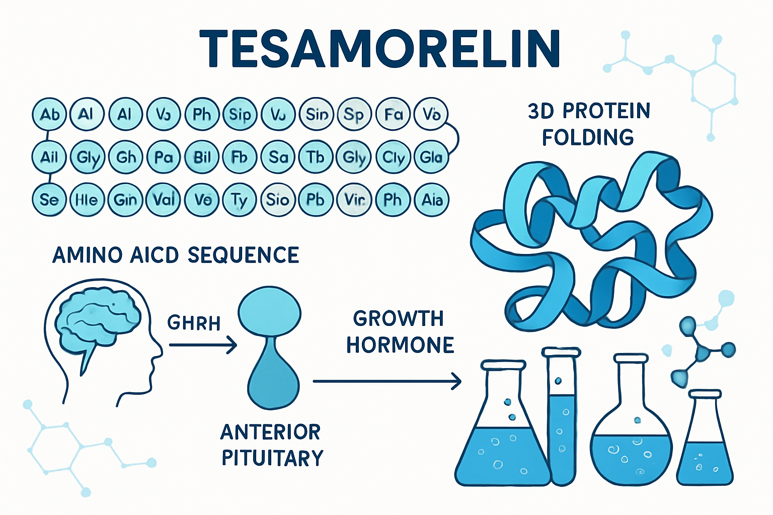 Detailed scientific illustration showing tesa peptide molecular structure with amino acid sequence visualization, 3D protein folding