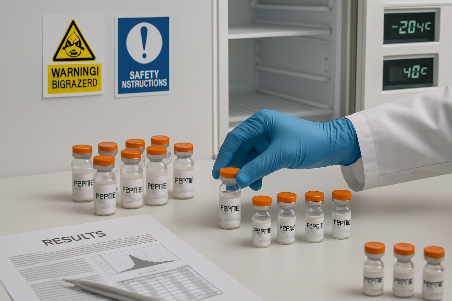 Professional research laboratory scene showing peptide vials, scientific documentation, safety protocols signage, researcher hands wearing g