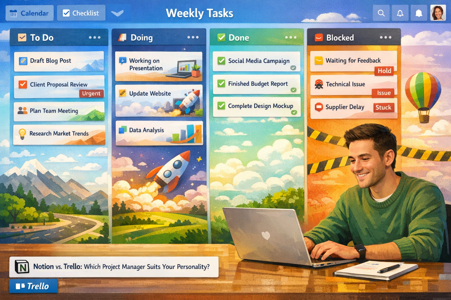 A vibrant and organized Trello board (1536x1024, landscape) showcasing weekly task management, with columns like 'To Do,' 'Doing,' 'Done,' a