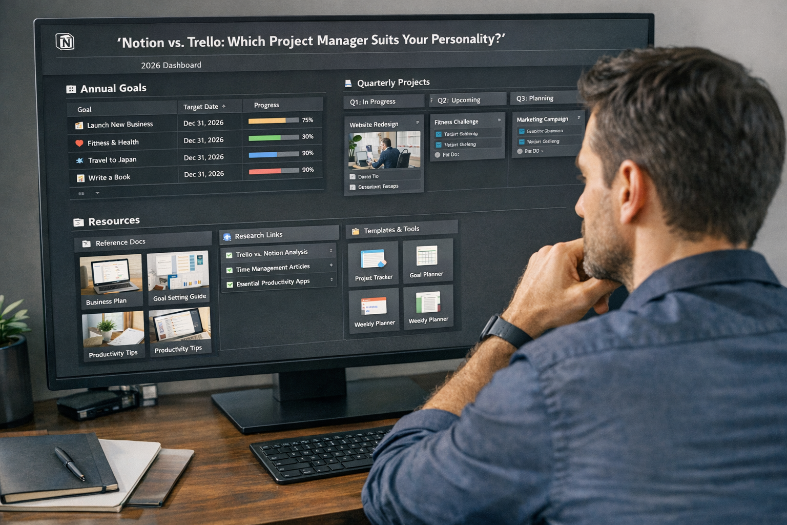 A sophisticated and expansive Notion dashboard (1536x1024, landscape) designed for long-term goal tracking and project planning. The dashboa