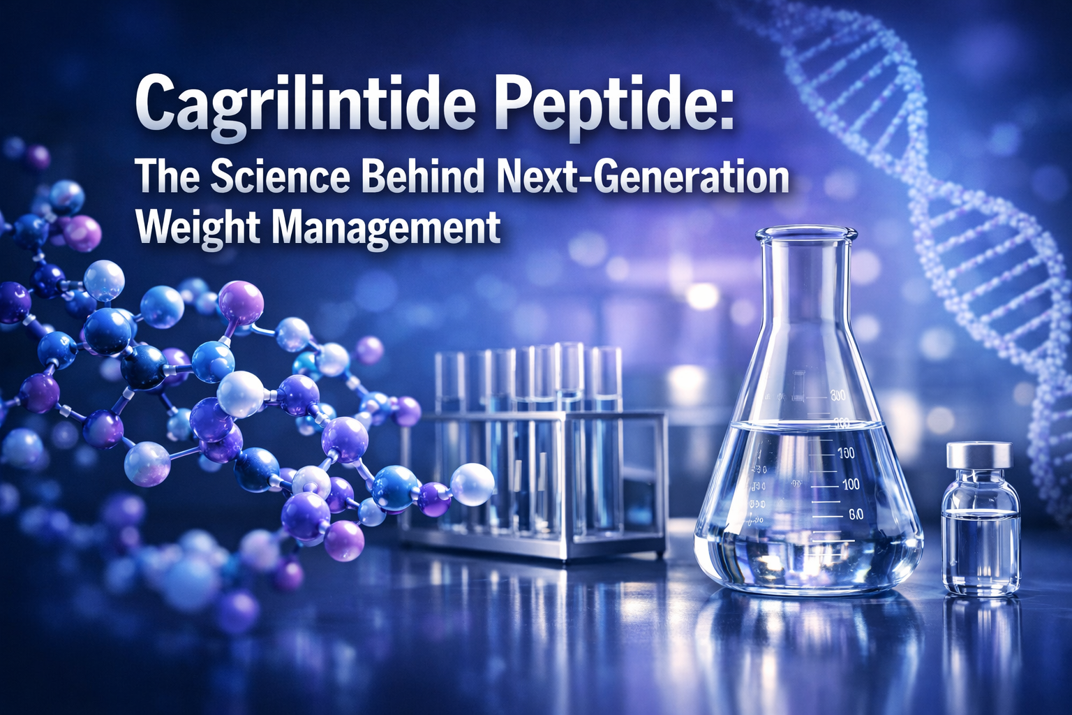 Professional landscape hero image (1536x1024) featuring bold text overlay 'Cagrilintide Peptide: The Science Behind Next-Generation Weight M