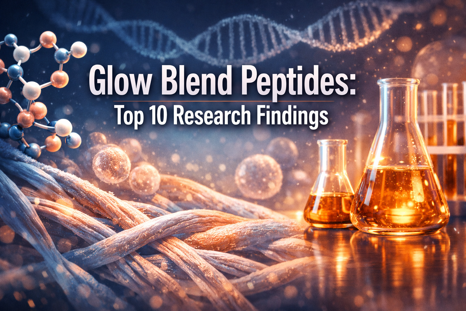 Professional landscape hero image (1536x1024) featuring bold text overlay 'Glow Blend Peptides: Top 10 Research Findings' in extra large 72p