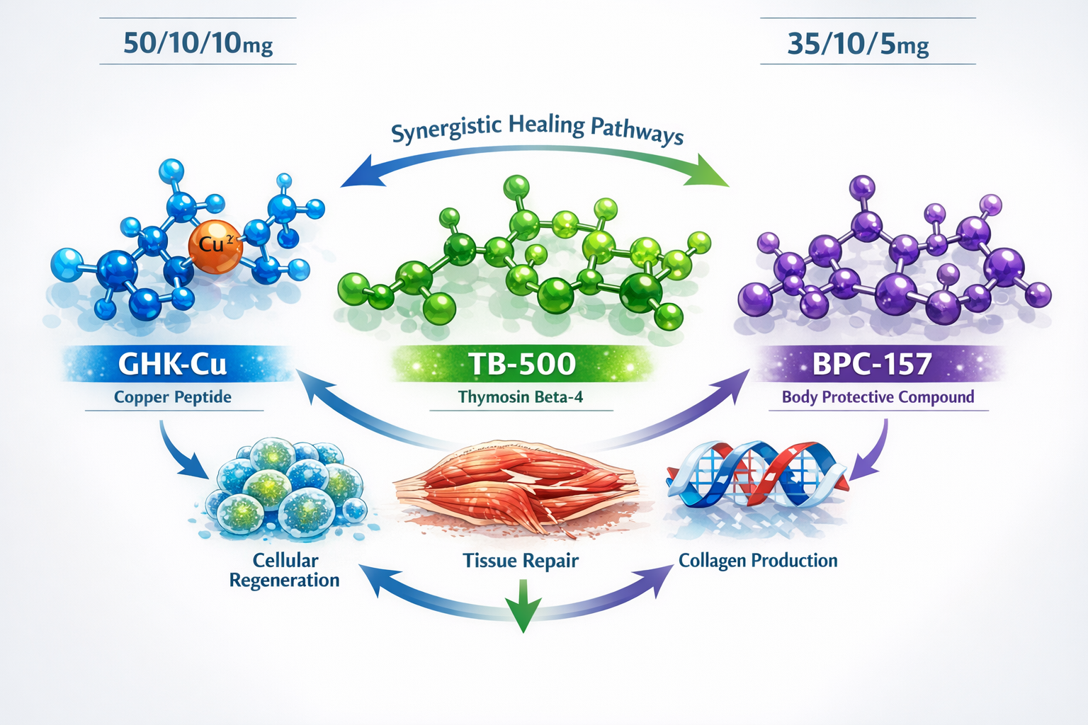 Detailed scientific illustration showing three distinct peptide molecular structures labeled GHK-Cu, TB-500, and BPC-157 in vibrant colors (
