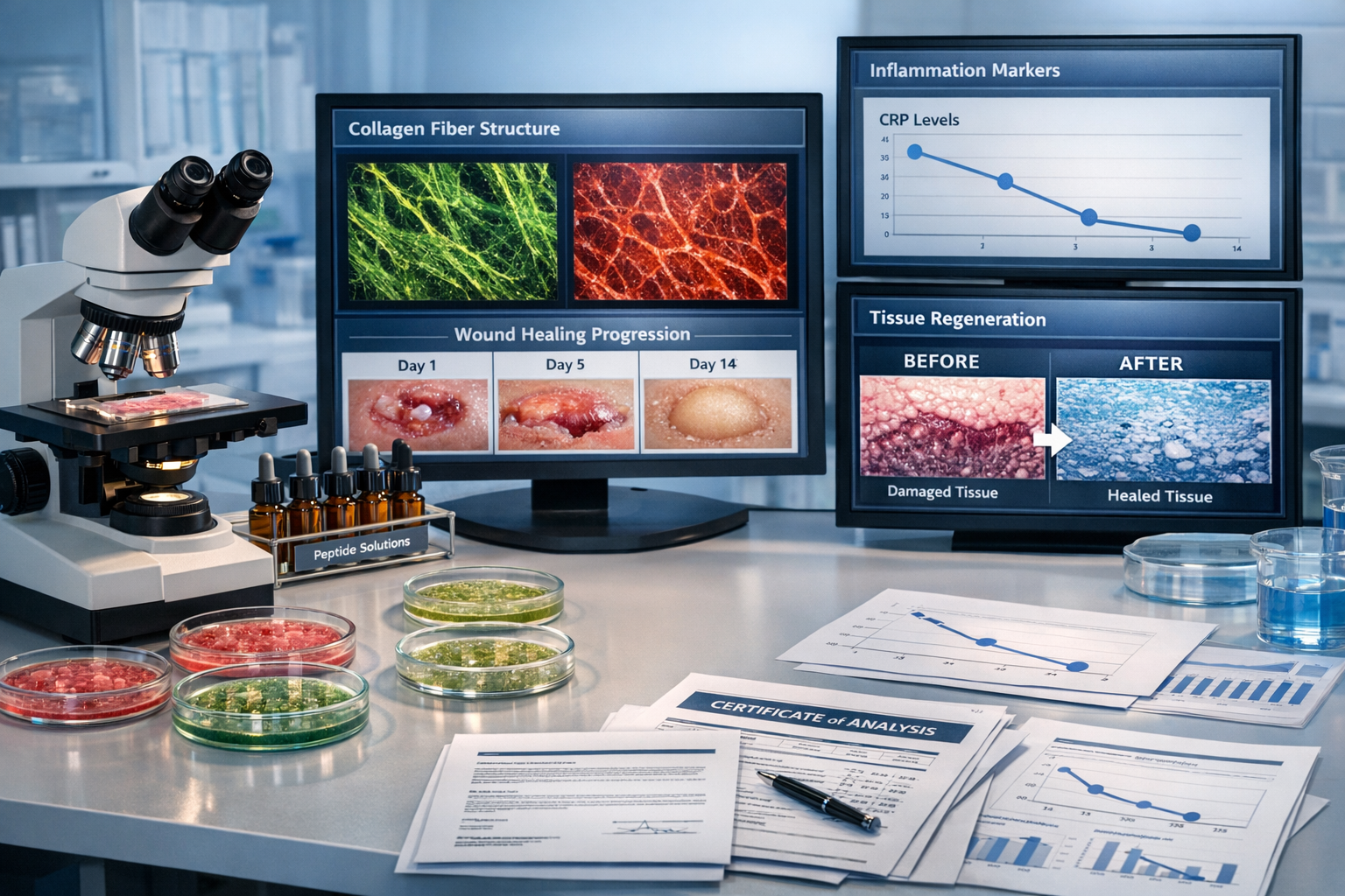 Professional research laboratory scene showing petri dishes with cellular cultures, microscope with tissue samples, test tubes containing pe