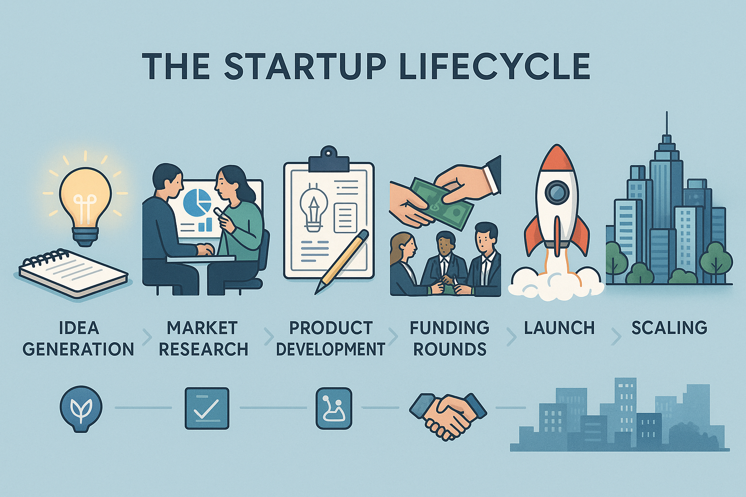 A landscape editorial image showing the lifecycle of 'the start up'. The image features a visual timeline from 'Idea Generation' (represente