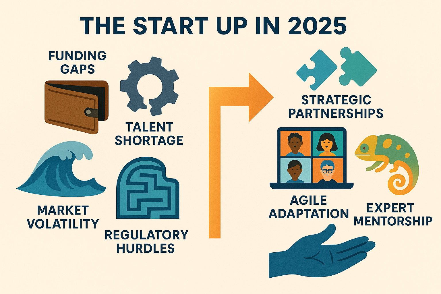 A landscape editorial image illustrating key challenges and solutions for 'the start up' in 2025. On one side, represent challenges like 'Fu