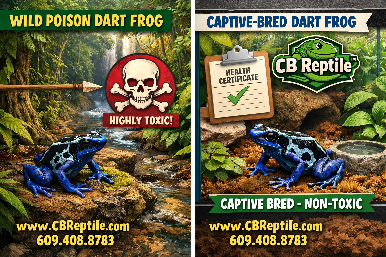 Detailed () educational infographic-style image showing a split-scene: left side depicts a wild poison dart frog in Amazon