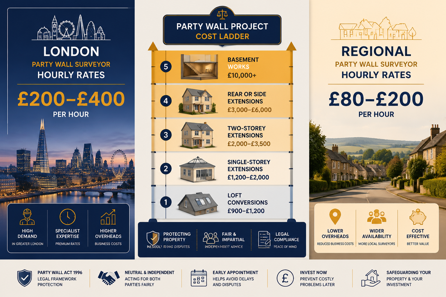 Detailed () infographic-style illustration showing a split-screen fee comparison chart: left panel displays London party