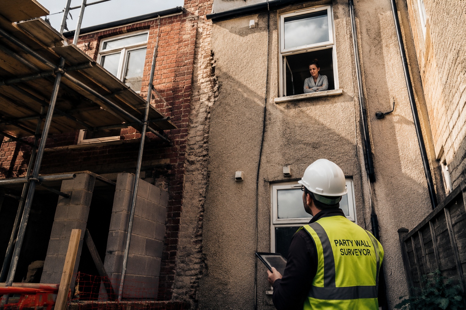 Detailed () documentary-style photograph taken from ground level looking up at two adjoining terraced properties