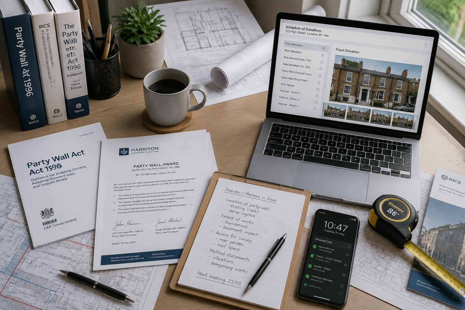 Detailed () wide-angle workspace scene showing a party wall surveyor's desk from an overhead bird's-eye perspective: spread