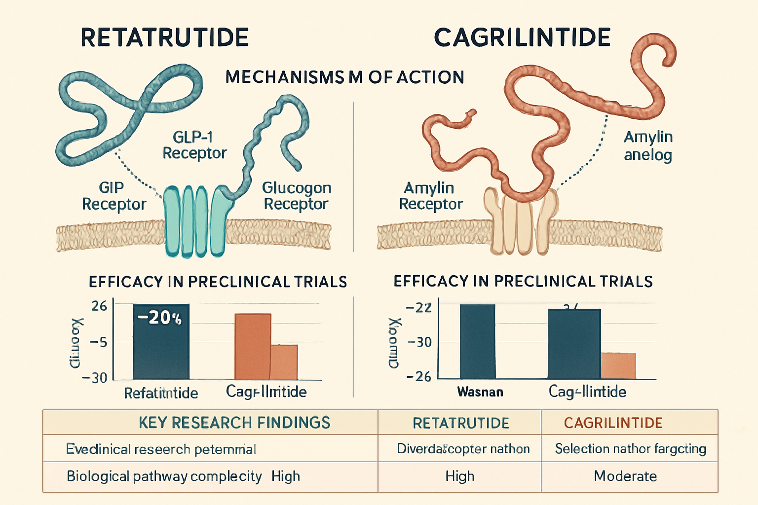 An intricate infographic displaying a comparison between retatrutide and cagrilintide, visually mapping their distinct mechanisms of action 