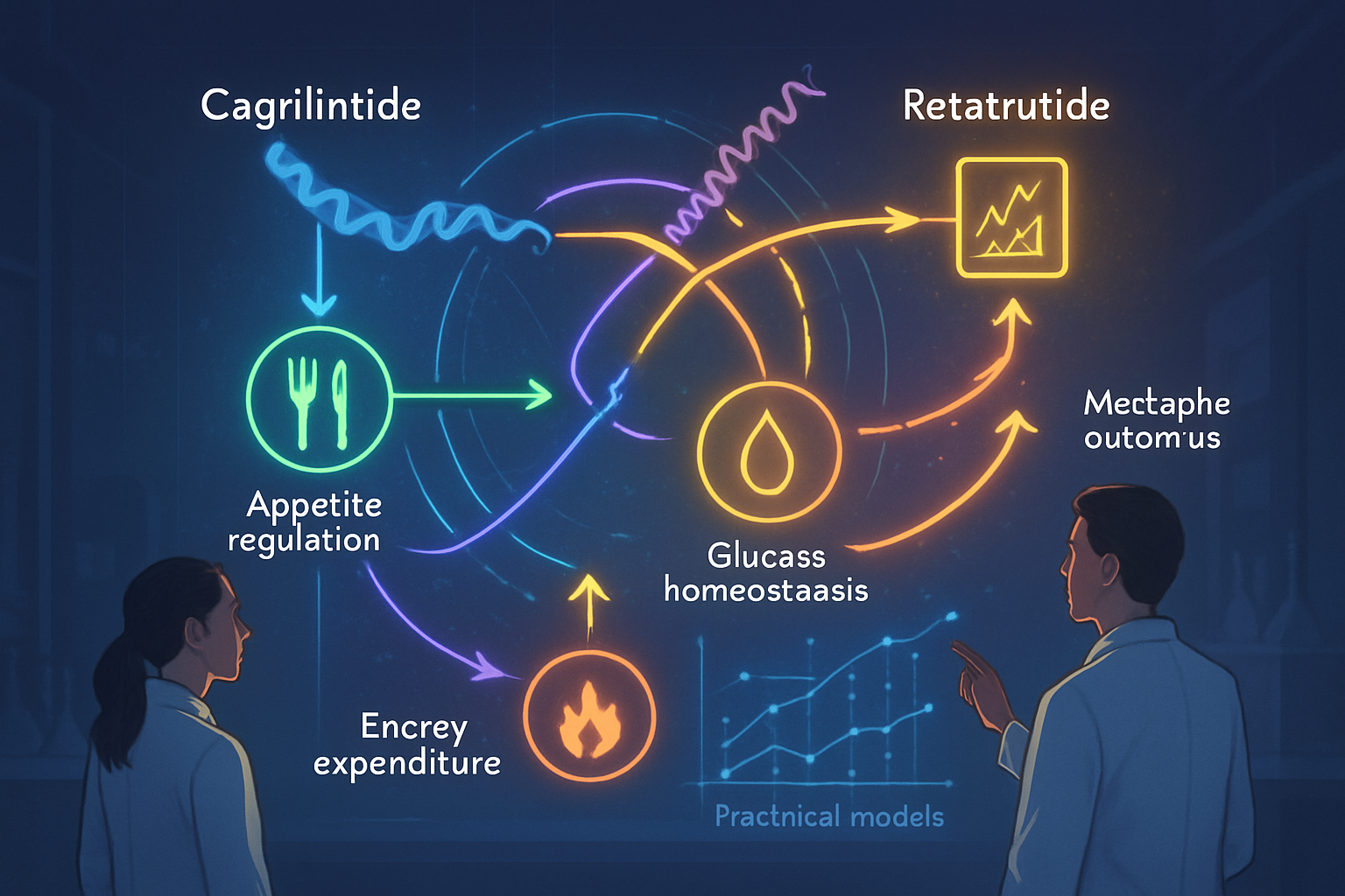 A sophisticated concept illustration depicting the potential synergy of a cagrilintide and retatrutide stack in a research setting. The imag