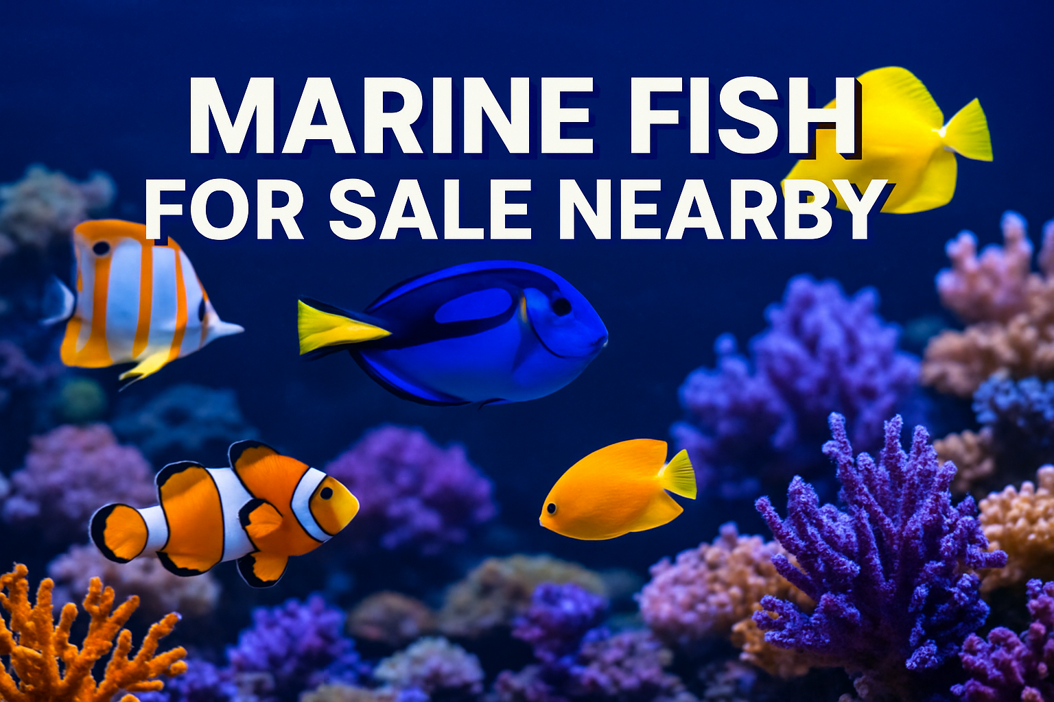 Professional landscape hero image (1536x1024) featuring vibrant marine aquarium scene with colorful tropical saltwater fish swimming among c