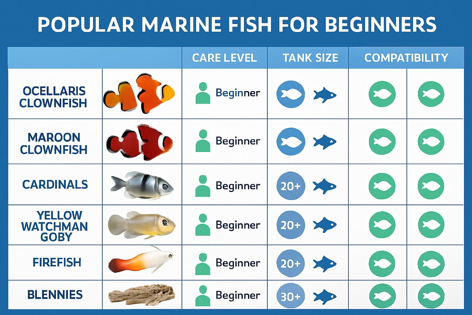 Comprehensive landscape image (1536x1024) displaying organized comparison chart of popular marine fish species for beginners. Visual grid la