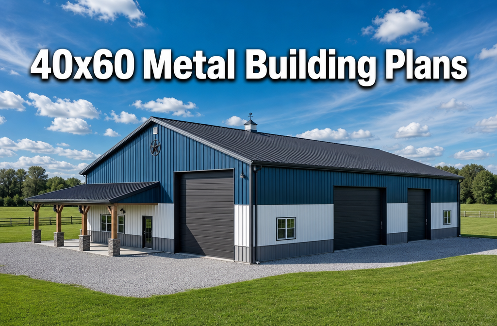 Professional () hero image with '40x60 Metal Building Plans' in extra large white with dark drop , centered in upper third.