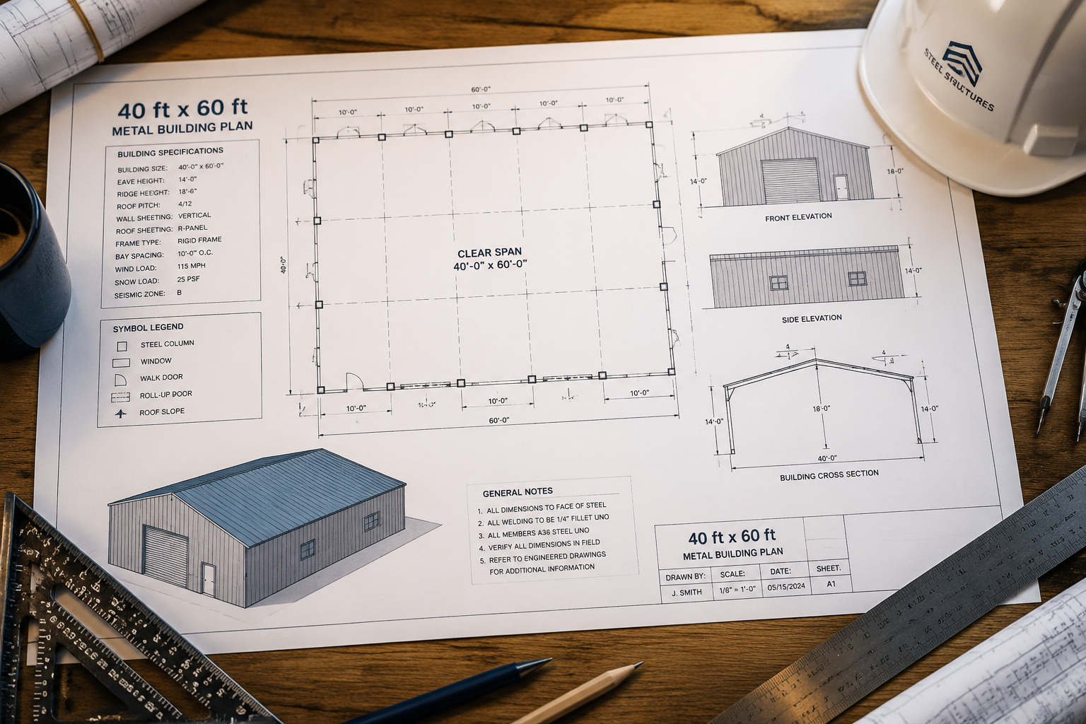 Detailed () architectural blueprint and construction concept image showing a flat-lay overhead view of 40x60 metal building