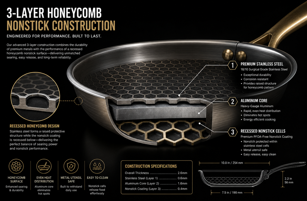 Blackbeard Pan Review Detailed landscape format (1536x1024) illustrating a cross-section diagram of the Blackbeard pan's 3-layer honeycomb nonstick construction — showing stainless steel outer layer, aluminum core, and recessed nonstick coating cells in a clean technical infographic style, labeled callouts in white text on dark background, blueprint-style engineering aesthetic, professional product visualization, warm steel and gold tones