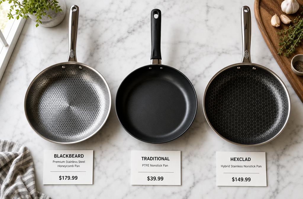 Blackbeard Pan Review Wide landscape format (1536x1024) showing a side-by-side flat-lay comparison of three frying pans on a marble kitchen surface — Blackbeard honeycomb pan on left, traditional PTFE nonstick pan in center, HexClad-style hybrid pan on right — overhead bird's-eye angle, natural window lighting, clean white and grey tones, product photography style with subtle shadow detail and price tags visible.