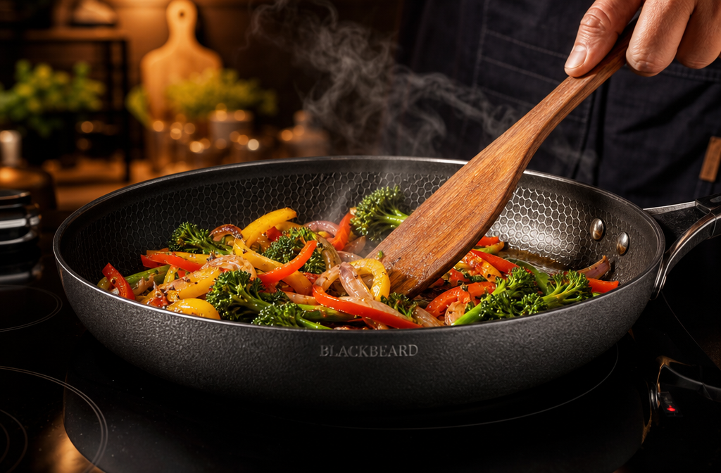 Blackbeard Pan Review Landscape format (1536x1024) close-up action shot of a home cook using a wooden spatula to sauté vegetables in a Blackbeard pan on an induction stovetop, steam rising, vibrant food colors, warm kitchen ambient lighting, shallow depth of field focusing on the honeycomb pan surface texture, lifestyle cooking photography aesthetic, rich warm tones with dark background contrast