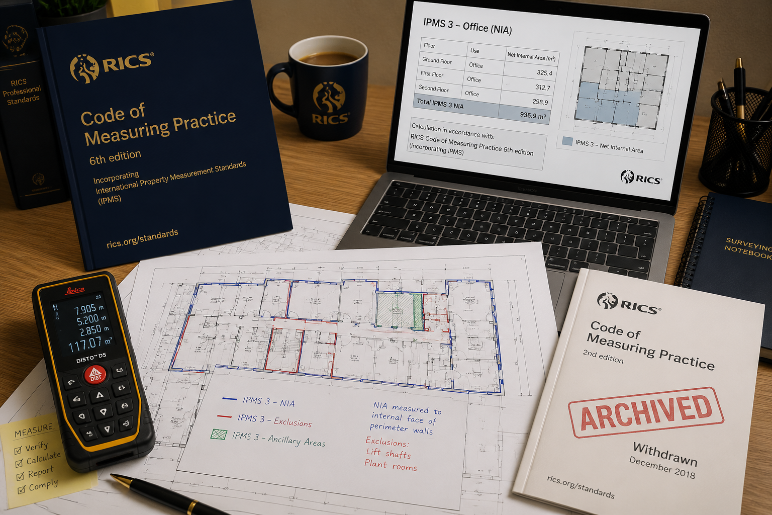 Wide-angle editorial photograph of a professional chartered surveyor's desk showing printed RICS Code of Measuring Practice