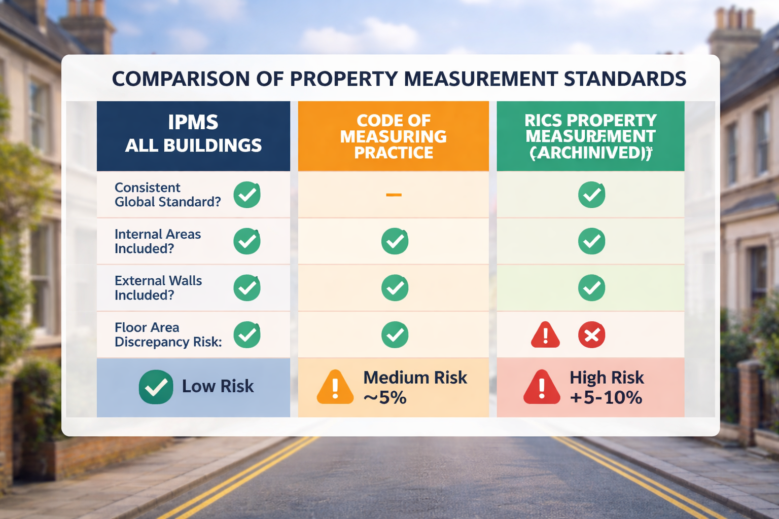 Infographic-style editorial illustration showing a side-by-side comparison table of measurement standards: IPMS All