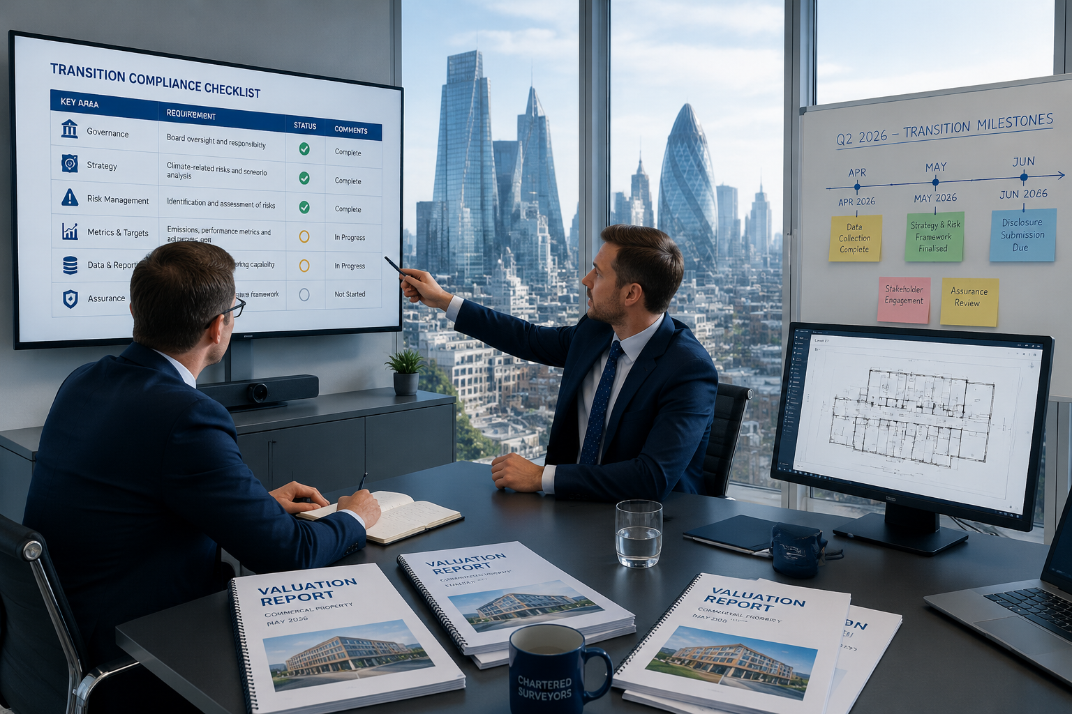 Two chartered surveyors in a modern glass-walled meeting room reviewing a transition compliance checklist on a large