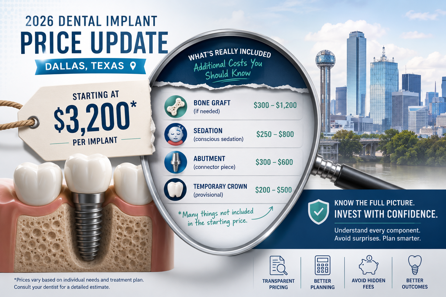 A dynamic visual representing 'hidden fees' in dental implant procedures, rendered in a (). The image should show a stylized