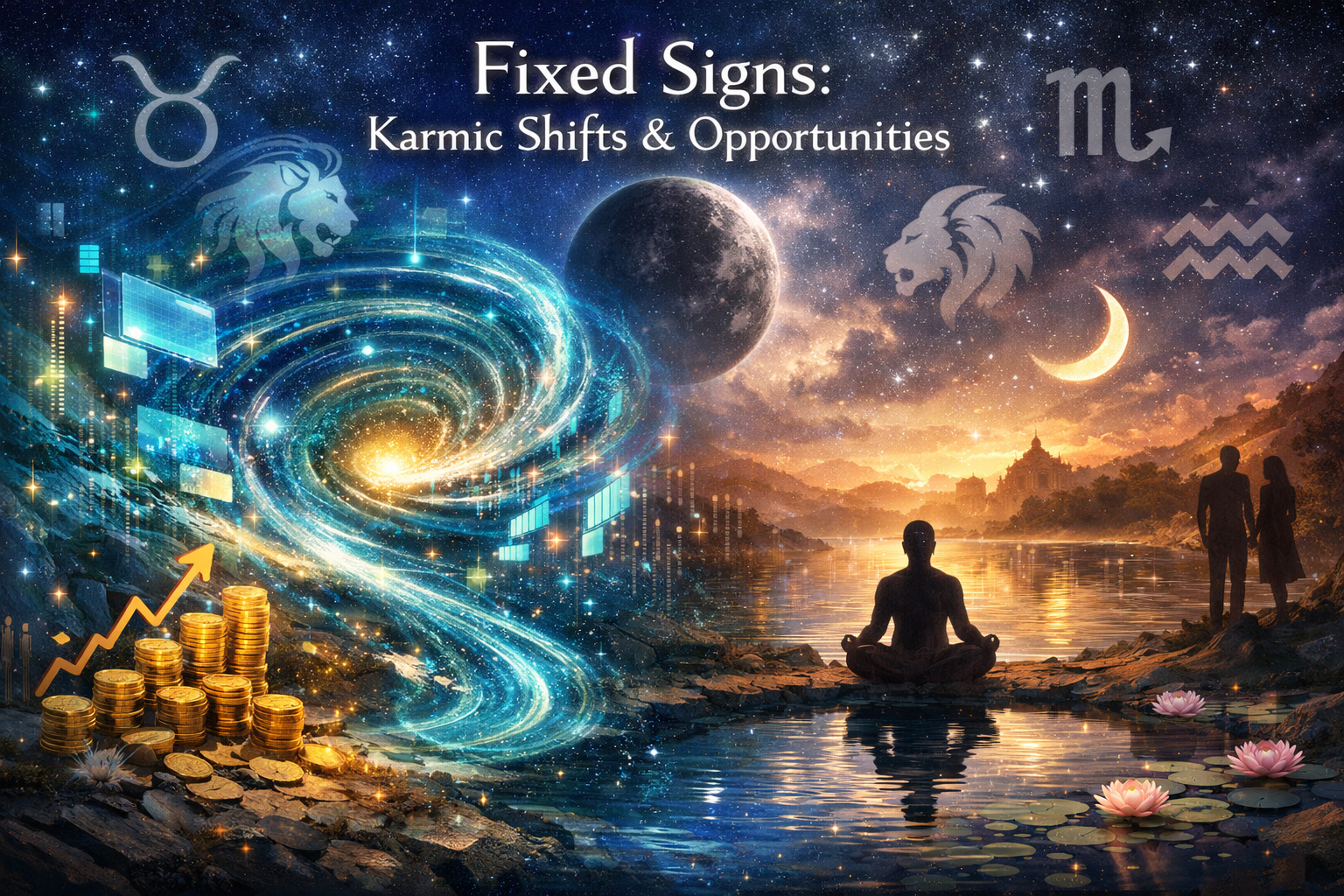 A detailed landscape format (1536x1024) image illustrating the cosmic influences of Rahu and Ketu on fixed signs (Taurus, Leo, Scorpio, Aqua