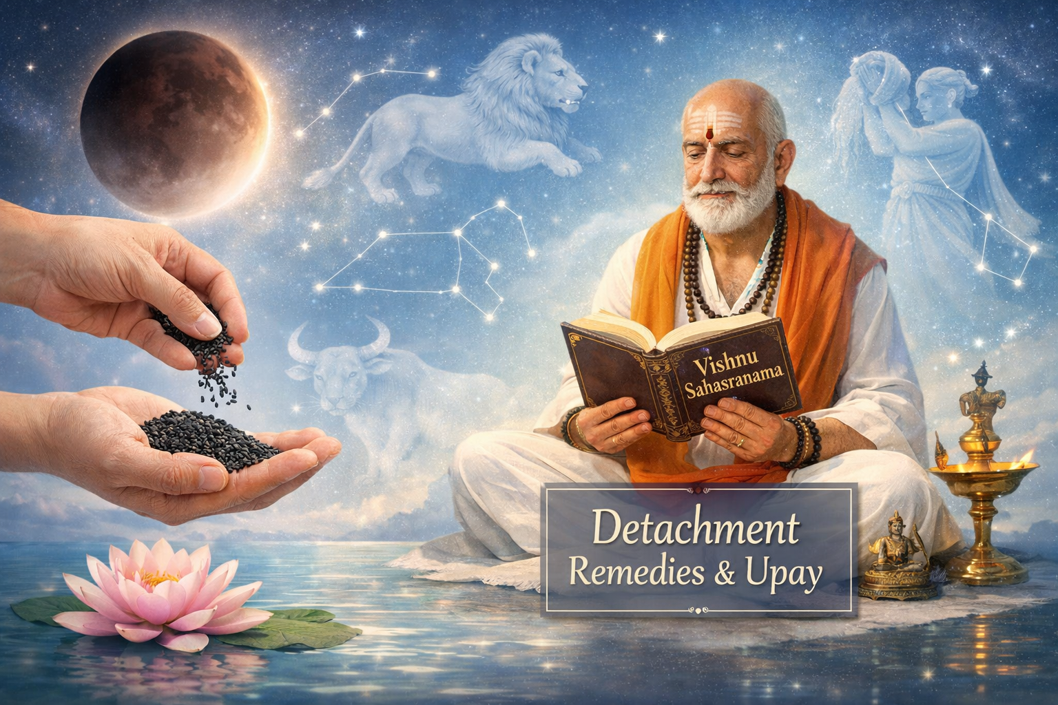 A landscape format (1536x1024) image showcasing practical remedies for the Rahu Ketu Axis in 2026. The composition features hands performing