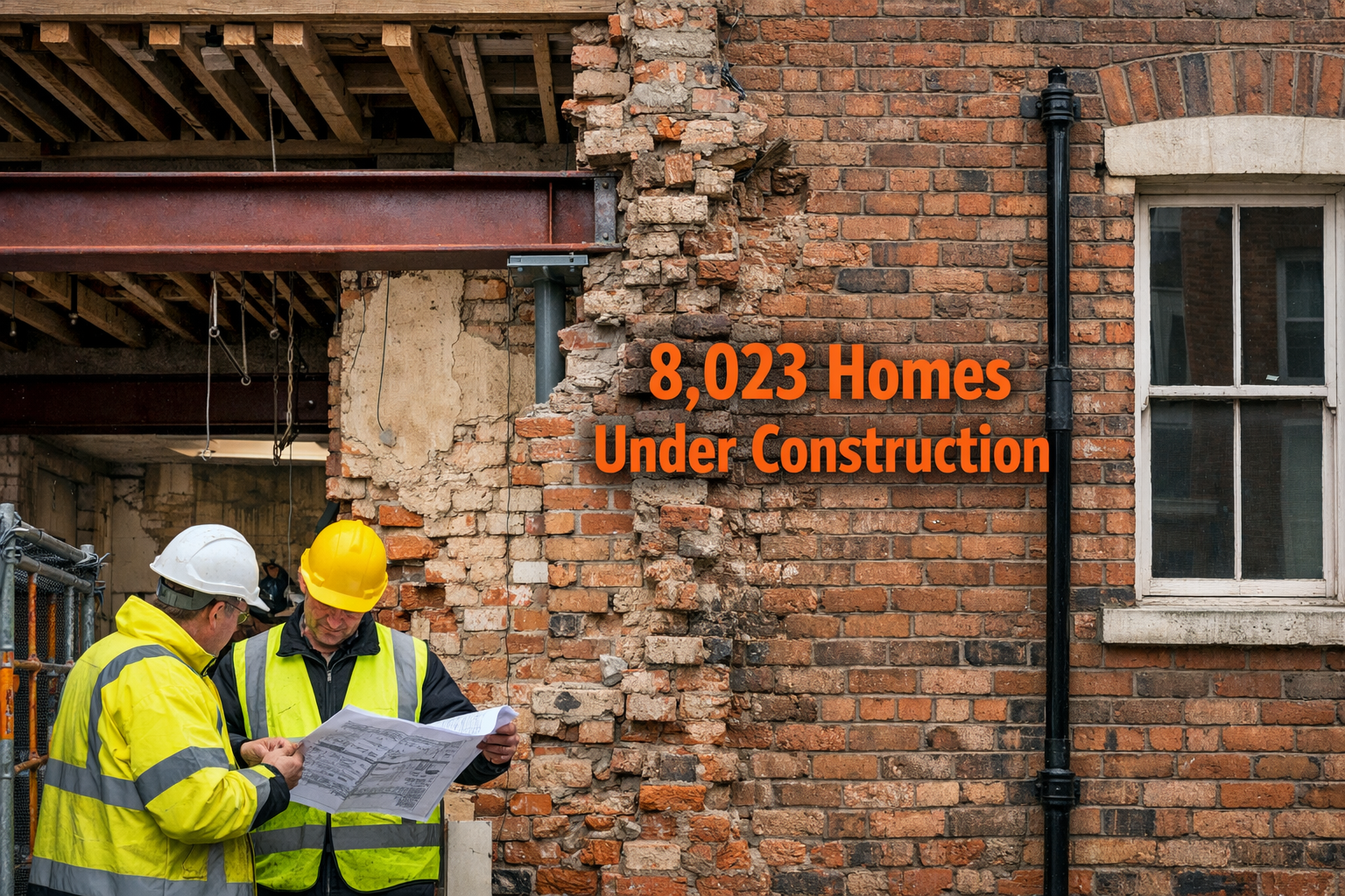 Detailed () image showing close-up of shared brick party wall between two Victorian terraced properties in Manchester's