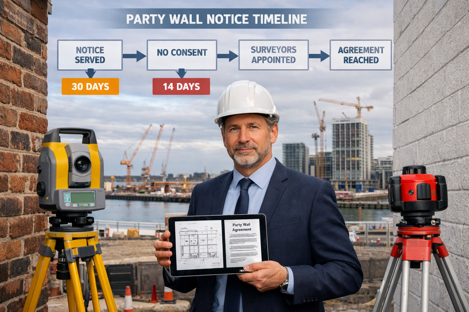 Wide-angle () image of professional party wall surveyor in business attire and hard hat conducting detailed inspection at