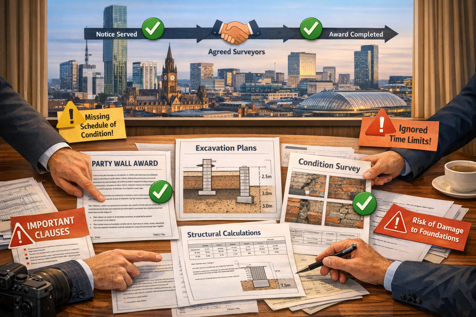 () detailed infographic-style image showing party wall agreement documentation spread across conference table in surveyor's