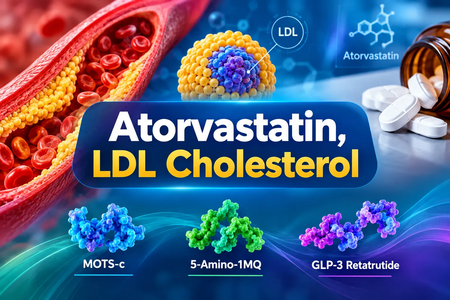 Professional landscape hero image () with a reading "Atorvastatin, LDL Cholesterol". CRITICAL TYPOGRAPHY RULES: render the