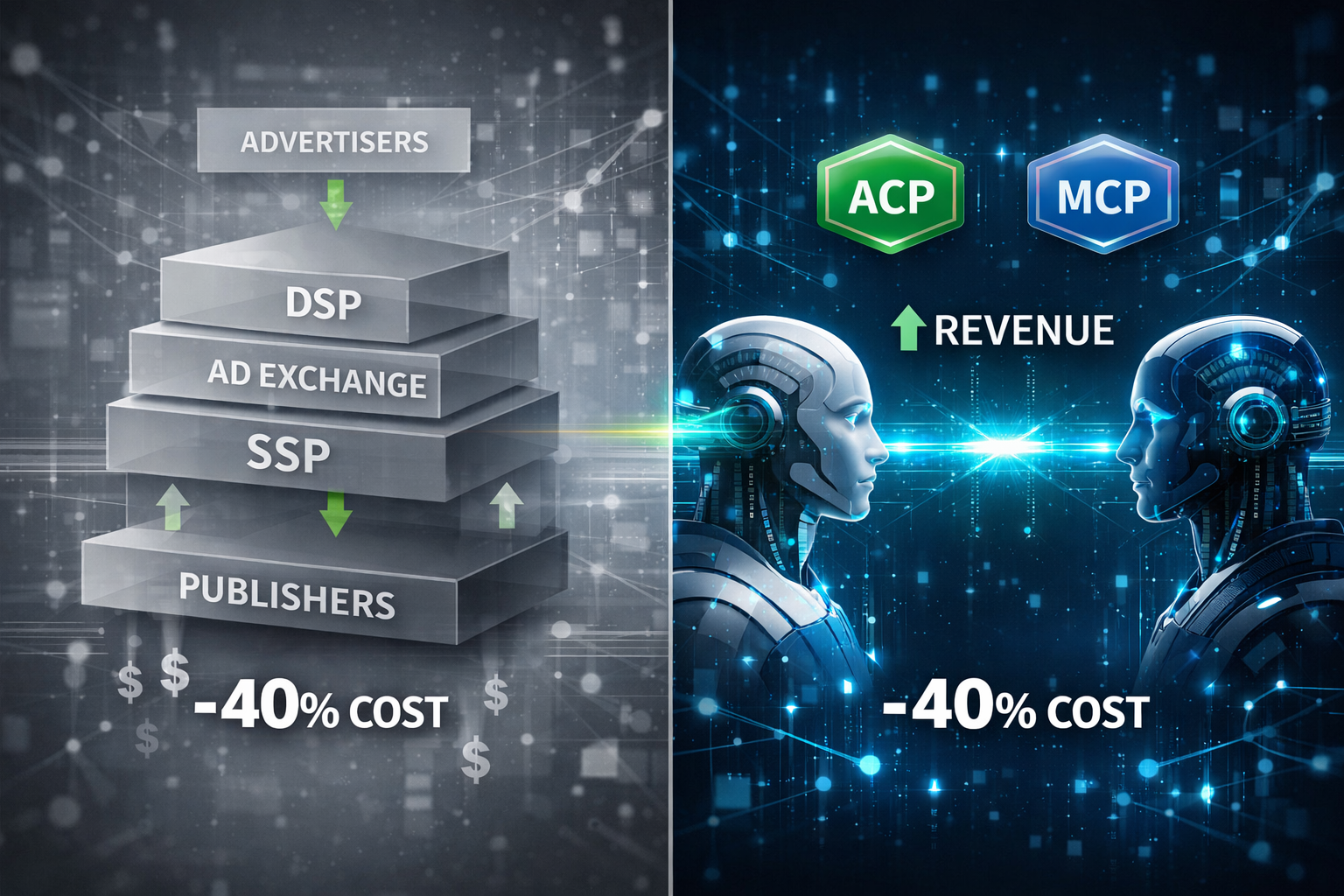 Detailed () image showing split-screen composition: left side displays traditional programmatic advertising ecosystem with