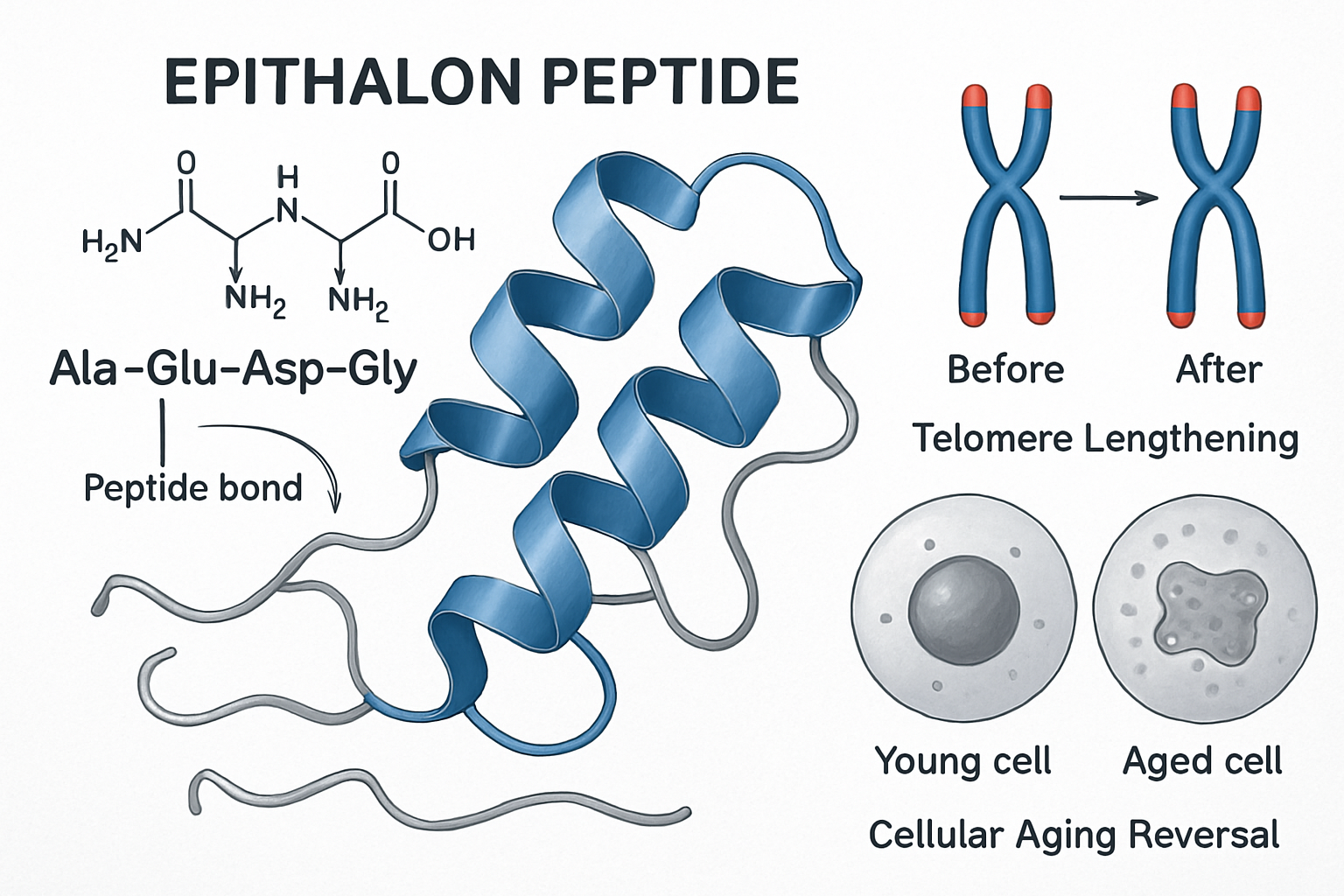Detailed scientific illustration (1536x1024) showing Epithalon peptide molecular structure with labeled amino acid sequence (Ala-Glu-Asp-Gly