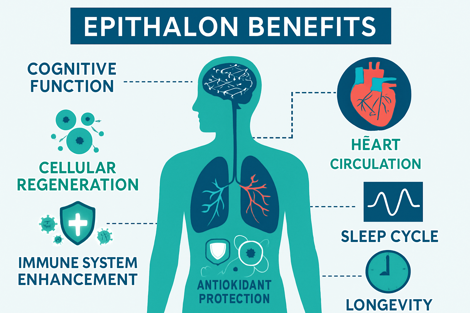 Clinical research visualization (1536x1024) displaying Epithalon benefits infographic with human body silhouette showing targeted effects: b