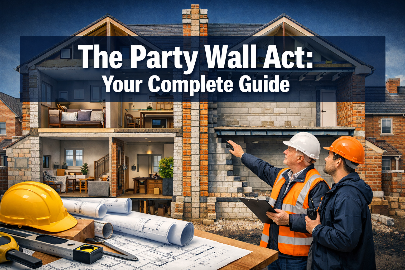 Professional landscape hero image (1536x1024) featuring bold text overlay 'The Party Wall Act: Your Complete Guide' in extra large 72pt whit