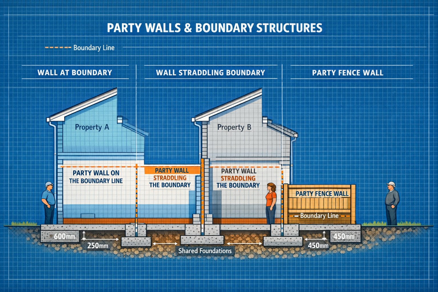 Detailed editorial illustration (1536x1024) showing cross-sectional architectural diagram of two adjoining properties with shared party wall