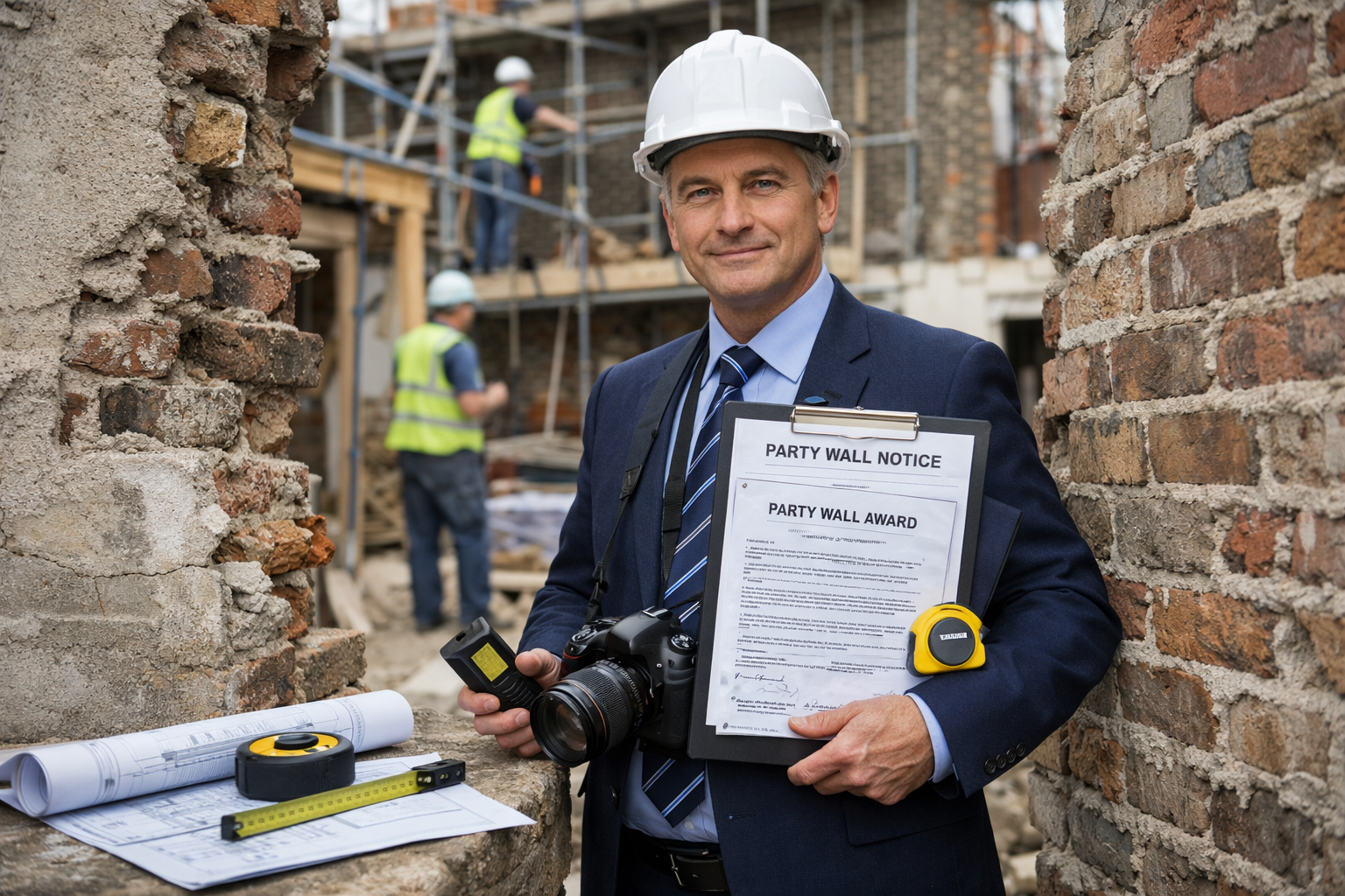 Professional landscape photograph (1536x1024) of chartered surveyor in business attire and hard hat conducting party wall inspection at cons