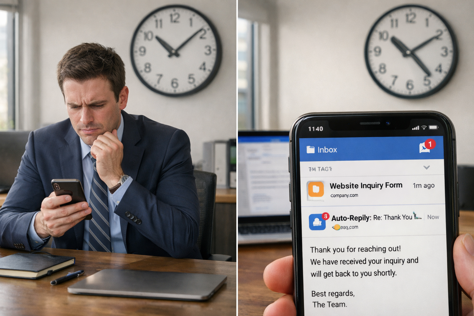 () image showing split-screen view of anxious business person checking phone repeatedly on left side, while on right side