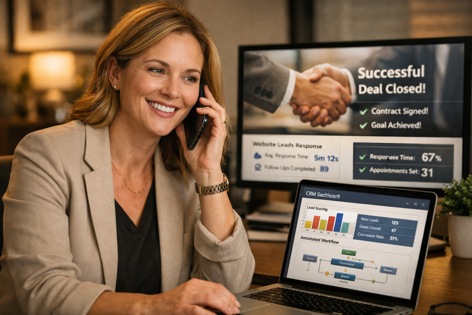 () image featuring business professional having productive phone conversation with laptop open showing CRM dashboard, lead