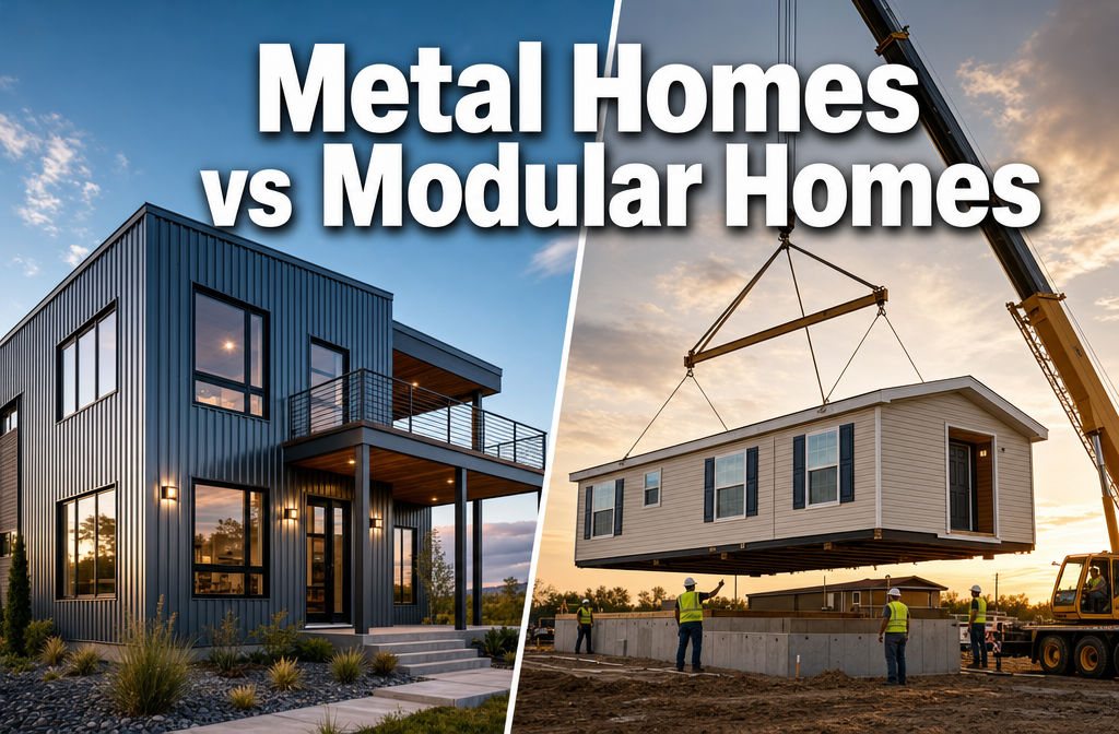 Professional () hero image with : 'Metal Homes vs Modular Homes' in extra large white with dark drop , centered upper-third